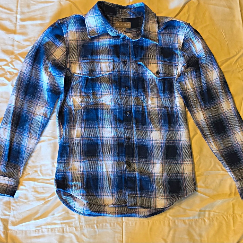 Falls Creek Men's Plaid Flannel Cotton Long Sleeve Button-Up S Blue/Gray #64